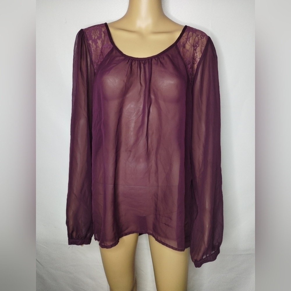 Maurices XL Sheer Plum Lace Shoulder Blouse Long Sleeve Boho Romantic Top